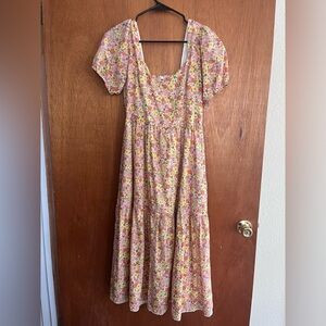 Lost + Wander Pink and Yellow Floral Midi Dress 100% cotton